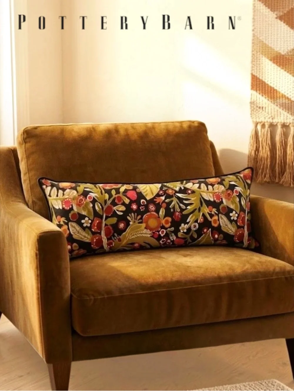 Pottery Barn Rhumba Lumbar Pillow Cover Floral Botanical Black Multi Cotton